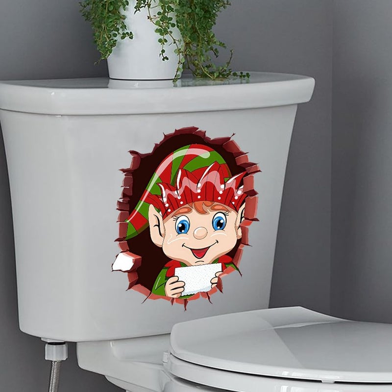 Iprokiu Christmas Toilet Sticker Santa Claus Reindeer Elf Toilet Seat Cover Decal Waterproof Christmas Crack Toilet Seat Lid Decal Snowman Elk Washroom Decoration (Elf) - Image 3